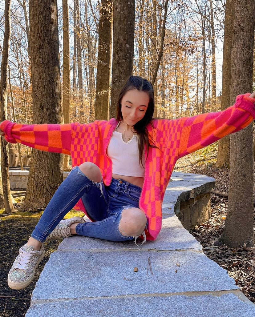 Noticed in Neon Checkered Cardigan in Pink and Orange