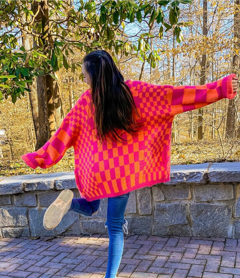 Noticed in Neon Checkered Cardigan in Pink and Orange